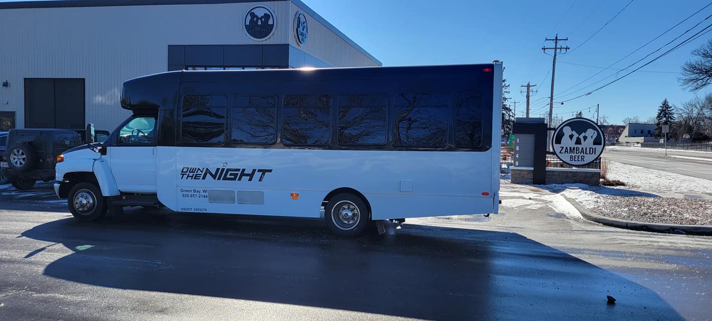 Bus outside Zambaldi Beer in the snow.