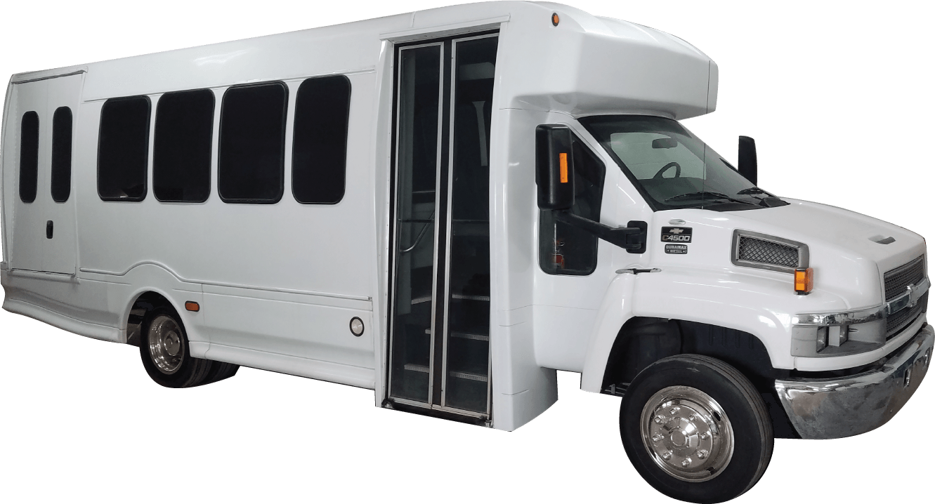 White shuttle bus with the side door open.